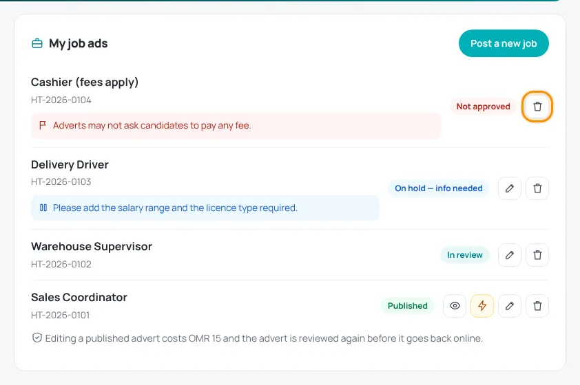 My job ads list showing Not approved, On hold, In review and Published adverts with action buttons