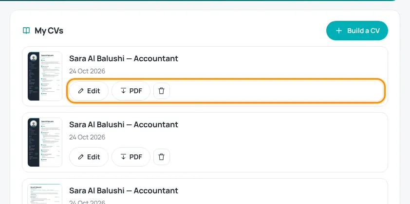 My CVs list with Edit, PDF and delete buttons highlighted