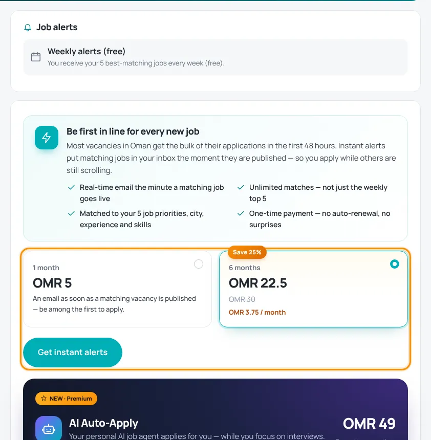 Job alerts page with the instant alert plans and Get instant alerts button highlighted