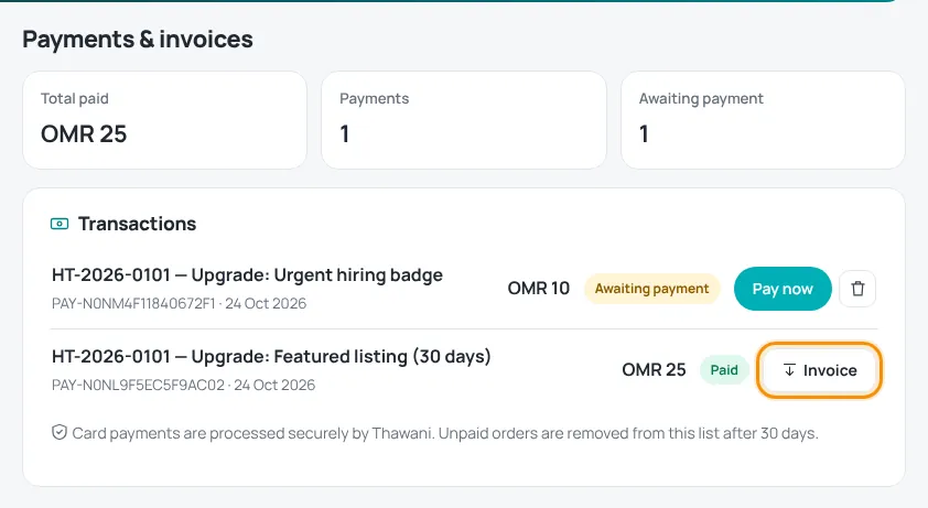 Payments and invoices page with an Invoice button highlighted