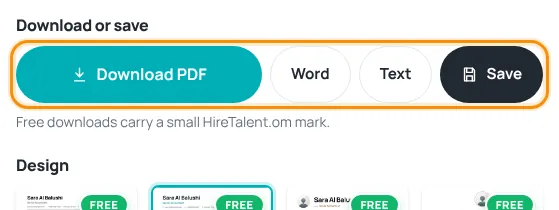 Download or save buttons: Download PDF, Word, Text and Save