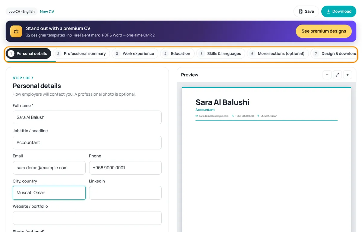 CV builder editor with the numbered steps highlighted and the live preview on the right