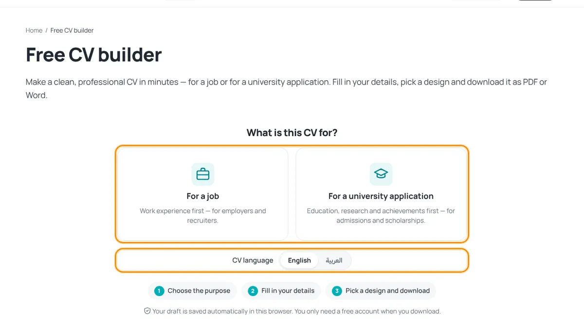 CV builder start screen with purpose cards and CV language switch highlighted