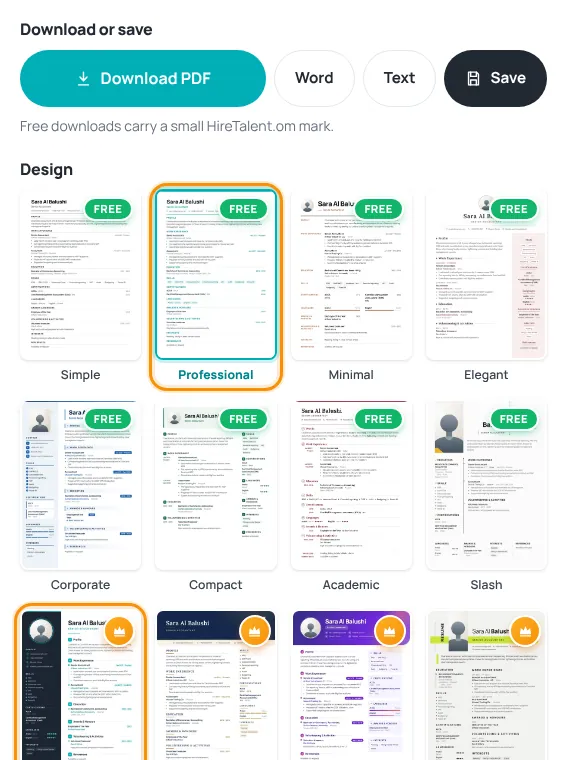 CV design gallery with a Free design and a premium design with a crown highlighted