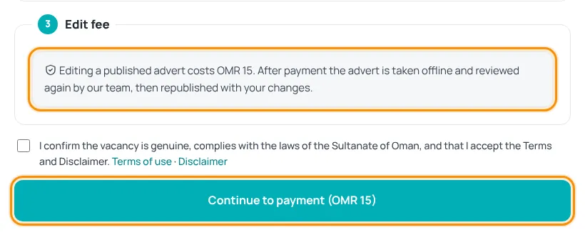 Edit fee note and Continue to payment button