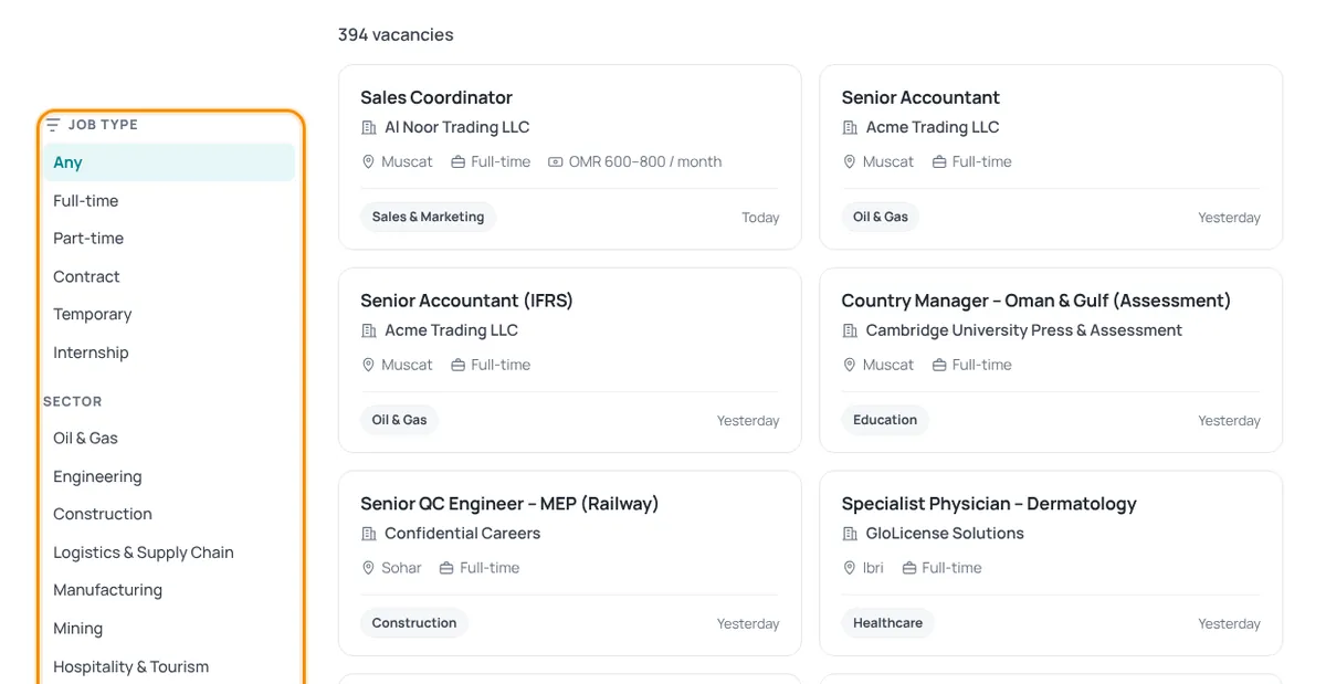 Jobs list with the filters column highlighted