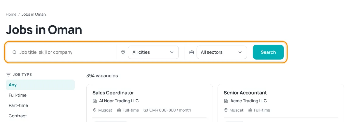 Jobs in Oman page with the search form highlighted