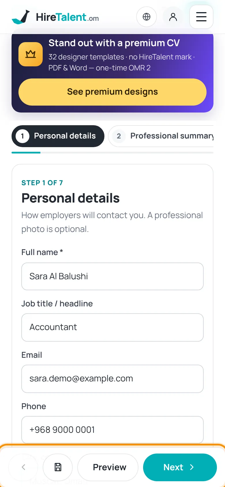 CV builder on a phone showing step 1 Personal details