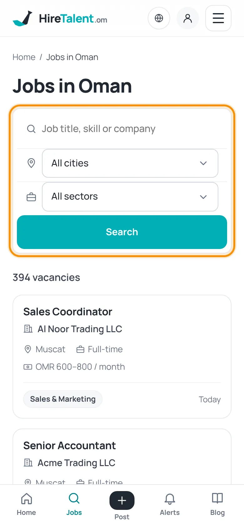 Find jobs on a phone with the search form highlighted