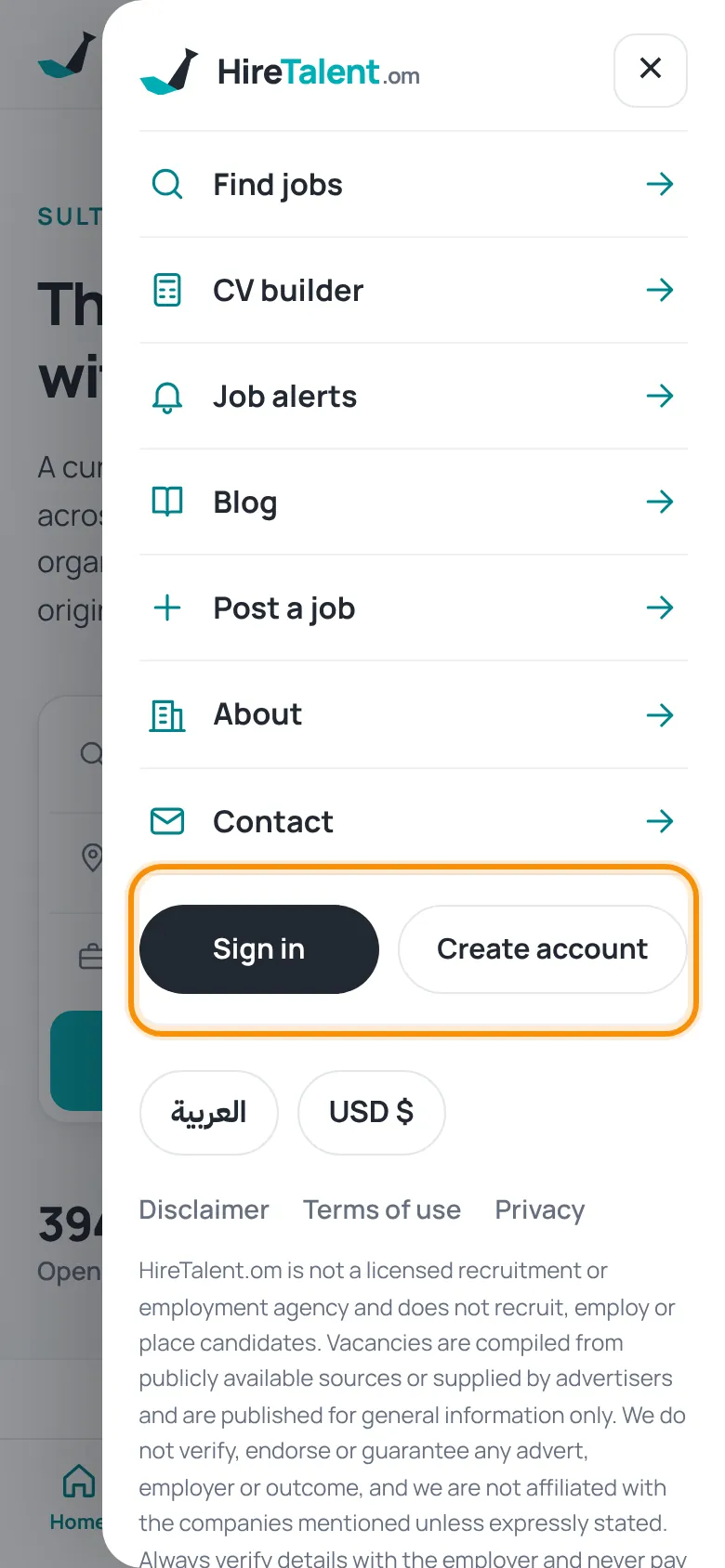 Mobile menu open with Sign in and Create account buttons