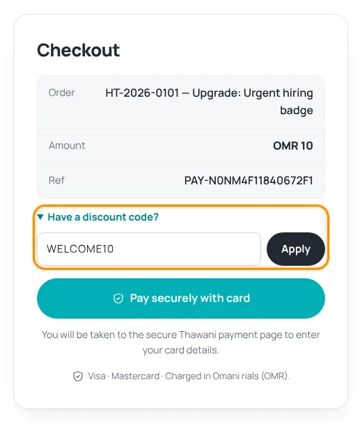 Checkout page with the discount code box highlighted