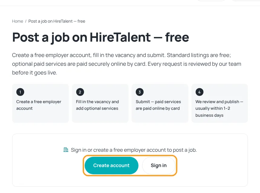 Post a job page for visitors with Create account and Sign in buttons