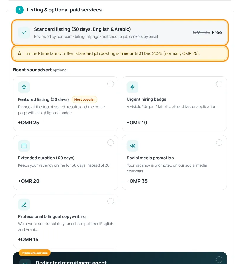 Listing and optional paid services with the free standard listing and launch offer highlighted