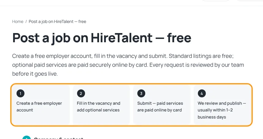 Post a job page with the four steps highlighted