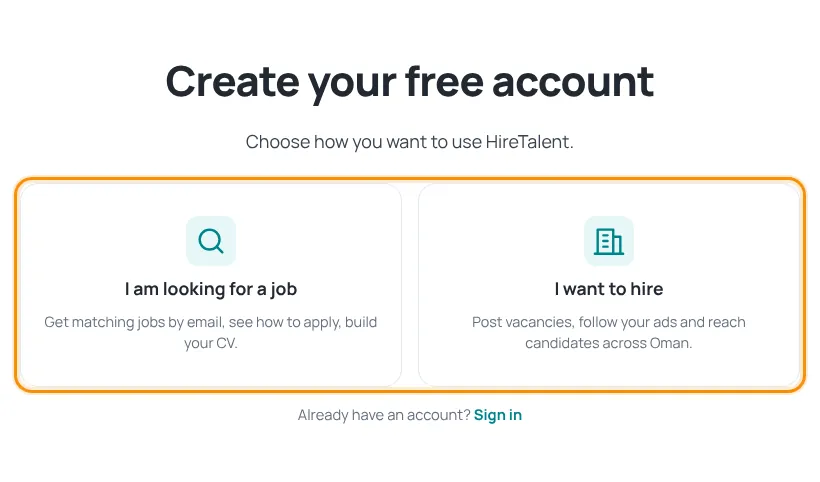 Create your free account page with two choices: I am looking for a job and I want to hire