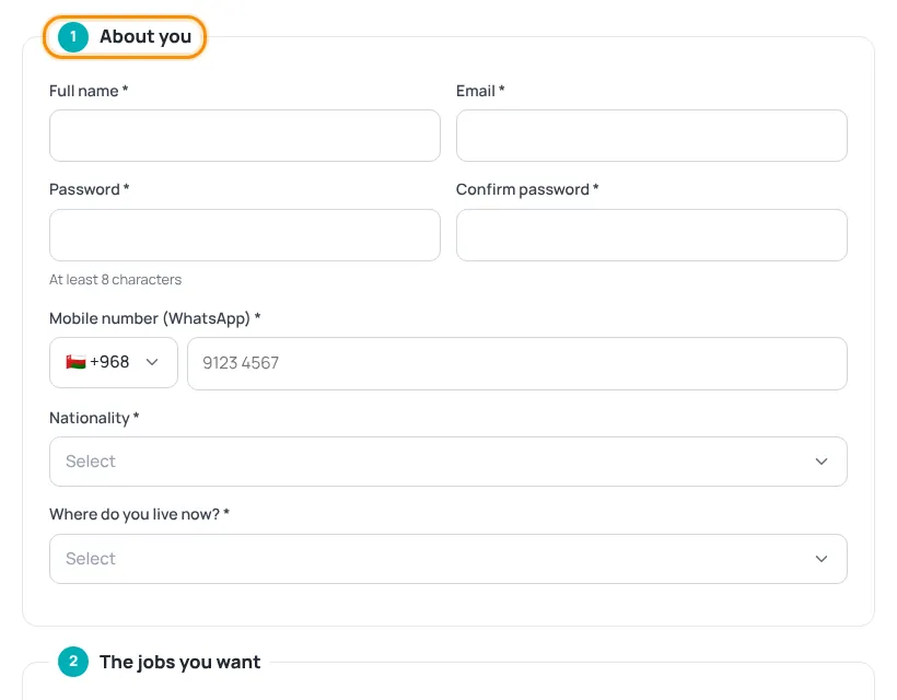 Job-seeker sign-up form, section 1 About you