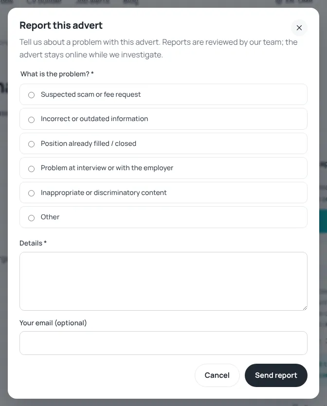 Report this advert form with problem types