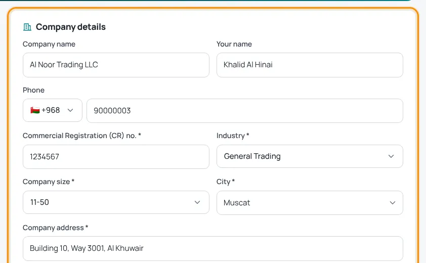 Company details form in Settings