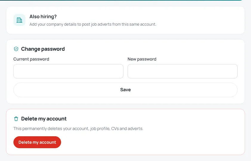 Settings page with Also hiring, Change password and Delete my account