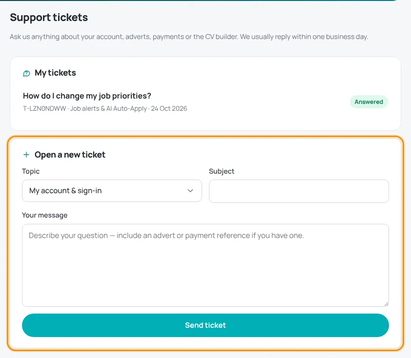 Support tickets page with the Open a new ticket form highlighted