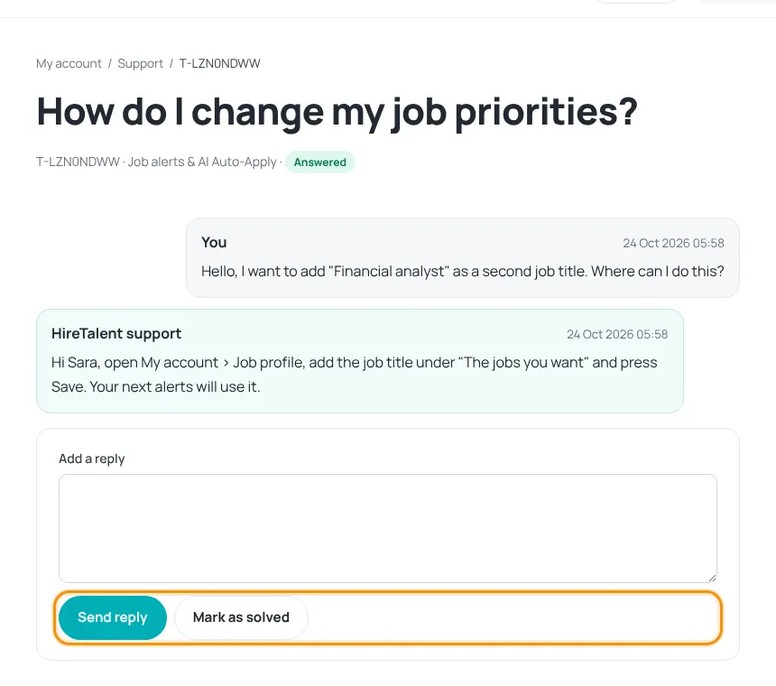 Ticket conversation with Send reply and Mark as solved buttons highlighted