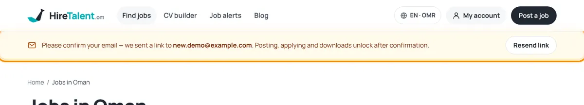 Yellow bar asking to confirm the email with a Resend link button